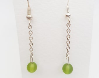 Olive Green Sea Glass Inspired Beaded Drop Earrings,  Long Silver Chain, Minimalist Jewelry, 10 Pounds Gift, Stocking Stuffer