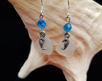 Sea Glass Drop Dangle Earrings, Silver Sea Horse Charm, Aquamarine Crystal,  OOAK Gift for Her, Twenty Dollars, Under 20 Pounds