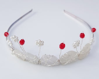 Ruby Pearl Flower Bridal Tiara, Beach Wedding Headpiece, Unique Sea Glass Jewelry, Mermaid Crown, Bridesmaid Hairpiece, Upcycled, Handmade