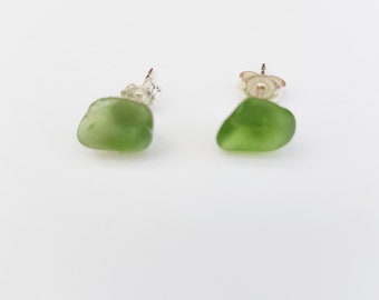 Green Sea Glass Stud Earrings, Olivine, Sterling Silver, Minimalist, OOAK, Upcycled, Beach Chic, Ocean Gift for Her