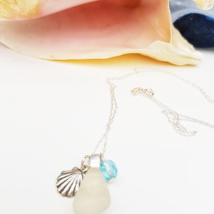 Sea Glass Necklace, Aquamarine Crystal, Sea Glass Charm, Bridesmaid Gift, March Birthstone, Beach Lover, Upcycled Jewelry, Something Blue image 5