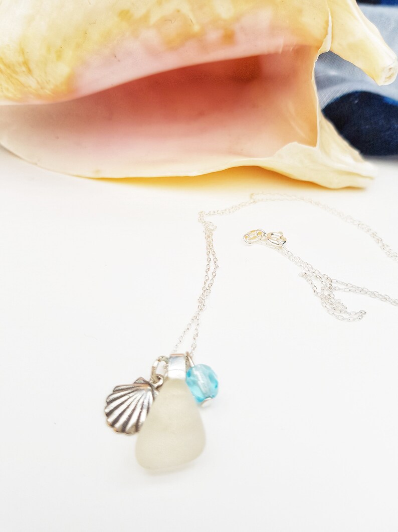 Sea Glass Necklace, Aquamarine Crystal, Sea Glass Charm, Bridesmaid Gift, March Birthstone, Beach Lover, Upcycled Jewelry, Something Blue image 5