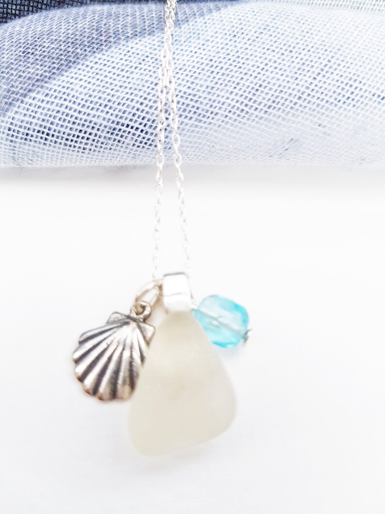 Sea Glass Necklace, Aquamarine Crystal, Sea Glass Charm, Bridesmaid Gift, March Birthstone, Beach Lover, Upcycled Jewelry, Something Blue image 2