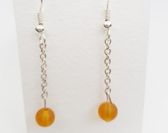 Golden Brown Topaz Sea Glass Inspired Drop Dangle Beaded Earrings, Long Silver Chain, Gift for Her, Under 10 Pounds