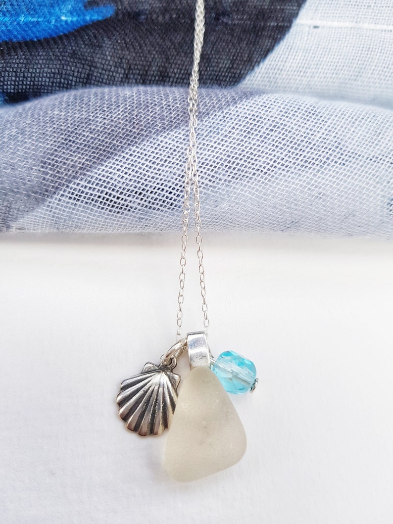 Sea Glass Necklace, Aquamarine Crystal, Sea Glass Charm, Bridesmaid Gift, March Birthstone, Beach Lover, Upcycled Jewelry, Something Blue image 1