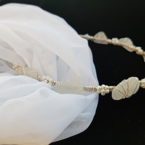 Crystal Pearl Silver Bridal Headband, Beach Wedding Tiara, Sea Glass Headpiece, Flower Garland Wreath, Mermaid Crown, Upcycled, Handmade image 4