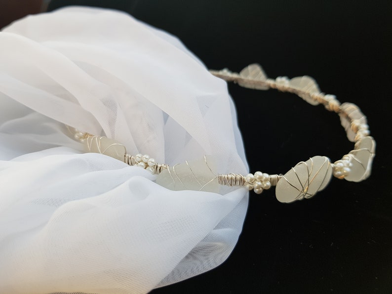 Crystal Pearl Silver Bridal Headband, Beach Wedding Tiara, Sea Glass Headpiece, Flower Garland Wreath, Mermaid Crown, Upcycled, Handmade image 4