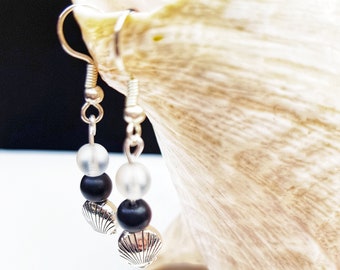 Black and White Sea Glass Inspired Drop Dangle Beaded Earrings, Silver Seashell Charm, 10 Pounds, Gift for Her, Beach Chic, Monochrome