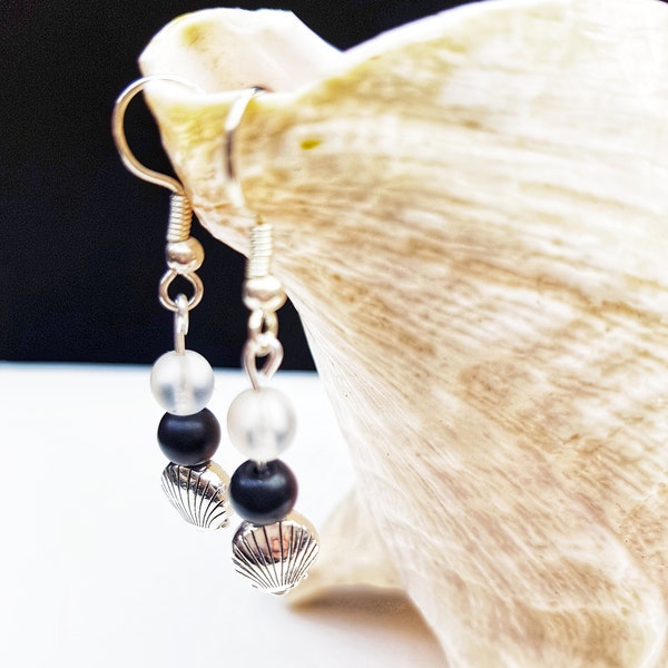 Black and White Sea Glass Inspired Drop Dangle Beaded Earrings, Silver Seashell Charm, 10 Pounds, Gift for Her, Beach Chic, Monochrome