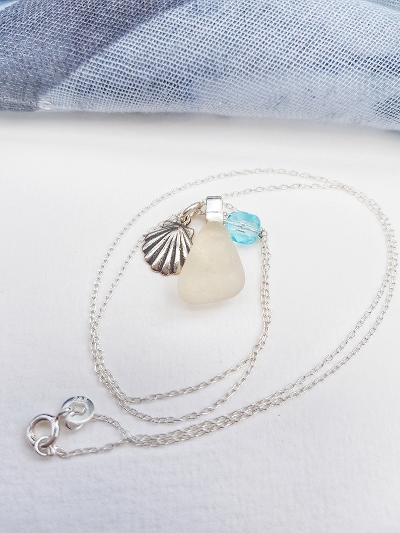 Sea Glass Necklace, Aquamarine Crystal, Sea Glass Charm, Bridesmaid Gift, March Birthstone, Beach Lover, Upcycled Jewelry, Something Blue image 3