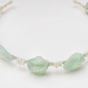 Blue Green Crystal Pearl Bridal Headpiece, Sea Glass Headband, Beach Wedding Tiara, Mermaid Crown, Flower Garland Wreath, Upcycled
