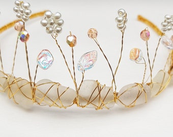 Pearl Crystal Flower Bridal Tiara, Sea Glass Headpiece, Beach Wedding Hairpiece, OOAK Mermaid, Ocean Fairy Crown, Upcycled, Artisan Handmade
