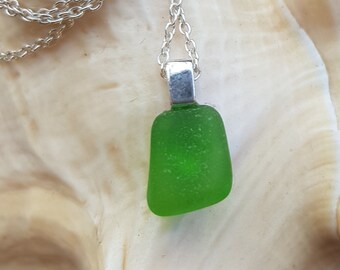 Dainty Emerald Green Sea Glass Necklace, Sterling Chain, Minimalist Jewelry, Beach Pebble Pendant, Unique Christmas Gift for Her