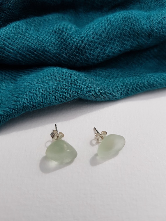 Blue Green Sea Glass Stud Earrings Sea Foam Sterling Silver - Etsy