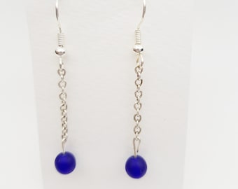 Long Dark Blue Sea Glass Inspired Drop Dangle Beaded Earrings, Minimalist Jewelry, Gift for Her, Under 10 Pounds