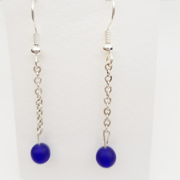 Long Dark Blue Sea Glass Inspired Drop Dangle Beaded Earrings, Minimalist Jewelry, Gift for Her, Under 10 Pounds