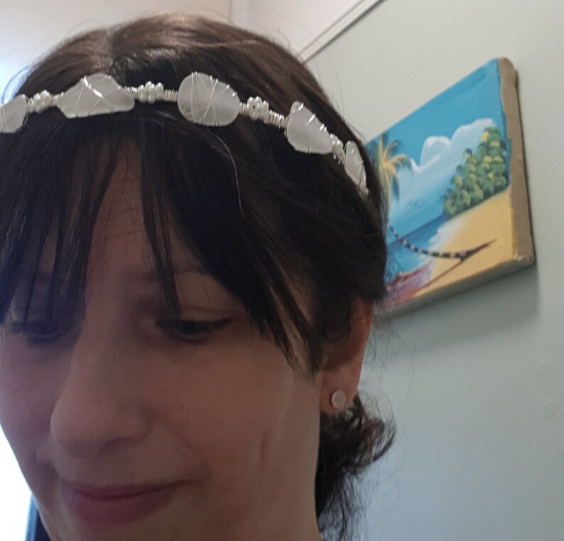 Crystal Pearl Silver Bridal Headband, Beach Wedding Tiara, Sea Glass Headpiece, Flower Garland Wreath, Mermaid Crown, Upcycled, Handmade image 5
