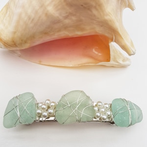 Blue Green Sea Glass Barrette, Flower Hair Clip, Seafoam, Genuine French Hair Slide, Bridal Hairpiece, Mermaid, Upcycled, Artisan Handmade