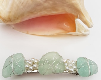 Blue Green Sea Glass Barrette, Flower Hair Clip, Seafoam, Genuine French Hair Slide, Bridal Hairpiece, Mermaid, Upcycled, Artisan Handmade