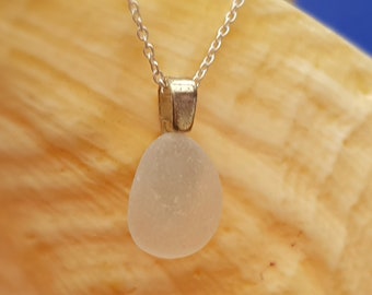 Dainty White Frosted Sea Glass Necklace, Sterling Silver Chain, Beach Pebble Pendant, Minimalist Jewelry, Unique Christmas Gift for Her