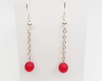 Ruby Red Drop Dangle Beaded Earrings, Sea Glass Inspired, Long Chain, Minimalist Jewelry, Beach Chic Gift for Her