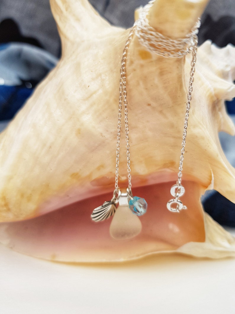 Sea Glass Necklace, Aquamarine Crystal, Sea Glass Charm, Bridesmaid Gift, March Birthstone, Beach Lover, Upcycled Jewelry, Something Blue image 4