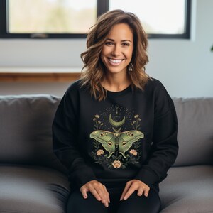 Mystical Green Butterfly Crewneck Sweatshirt, Celestial Moon Design Sweatshirt, Mystical Sweatshirt, Celestial Apparel, Trendy Sweatshirt