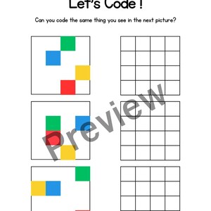 K&ouml;nnte beinhalten: Eine Codierungsaktivit&auml;t f&uuml;r Kinder mit einem Raster aus farbigen Quadraten. Die Anweisungen fordern den Benutzer auf, dasselbe zu codieren, was er im n&auml;chsten Bild sieht.