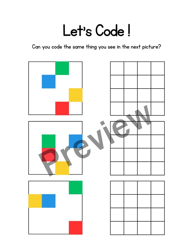 K&ouml;nnte beinhalten: Eine Codierungsaktivit&auml;t f&uuml;r Kinder mit einem Raster aus farbigen Quadraten. Die Anweisungen fordern den Benutzer auf, dasselbe zu codieren, was er im n&auml;chsten Bild sieht.