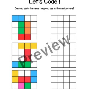 K&ouml;nnte beinhalten: Ein Arbeitsblatt f&uuml;r eine Codierungsaktivit&auml;t mit einem Raster aus Quadraten. Das Raster ist in vier Abschnitte unterteilt, die jeweils ein anderes Farbmuster aufweisen. Die Anweisungen fordern den Benutzer auf, dasselbe zu codieren, was er im n&auml;chsten Bild sieht.