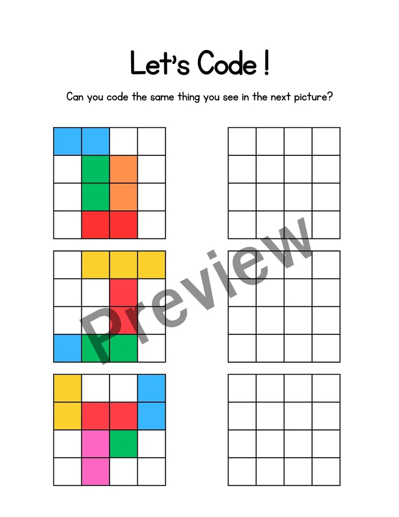 K&ouml;nnte beinhalten: Ein Arbeitsblatt f&uuml;r eine Codierungsaktivit&auml;t mit einem Raster aus Quadraten. Das Raster ist in vier Abschnitte unterteilt, die jeweils ein anderes Farbmuster aufweisen. Die Anweisungen fordern den Benutzer auf, dasselbe zu codieren, was er im n&auml;chsten Bild sieht.