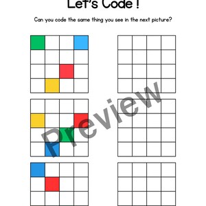 K&ouml;nnte beinhalten: Eine Codierungsaktivit&auml;t f&uuml;r Kinder mit einem Raster mit vier verschiedenen farbigen Quadraten: gr&uuml;n, blau, rot und gelb. Die Aktivit&auml;t fordert den Benutzer auf, dasselbe zu codieren, was er im n&auml;chsten Bild sieht.