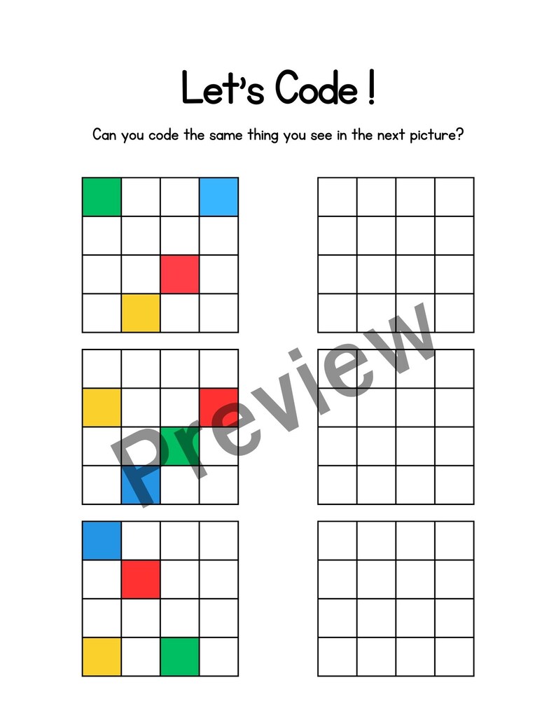 K&ouml;nnte beinhalten: Eine Codierungsaktivit&auml;t f&uuml;r Kinder mit einem Raster mit vier verschiedenen farbigen Quadraten: gr&uuml;n, blau, rot und gelb. Die Aktivit&auml;t fordert den Benutzer auf, dasselbe zu codieren, was er im n&auml;chsten Bild sieht.