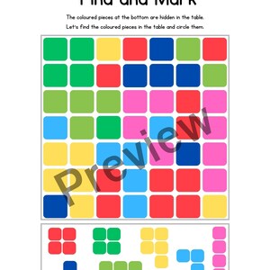 K&ouml;nnte beinhalten: Ein druckbares Arbeitsblatt f&uuml;r Kinder, um das Erkennen und Zuordnen von Farben zu &uuml;ben. Das Arbeitsblatt zeigt ein Raster aus Quadraten in verschiedenen Farben, mit einem kleineren Abschnitt unten, der die gleichen Farben in verschiedenen Formen anordnet. Der Text "Find and Mark" befindet sich oben auf der Seite.
