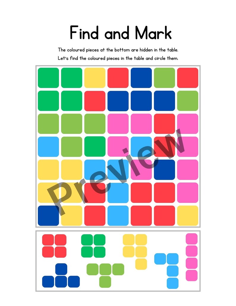 K&ouml;nnte beinhalten: Ein druckbares Arbeitsblatt f&uuml;r Kinder, um das Erkennen und Zuordnen von Farben zu &uuml;ben. Das Arbeitsblatt zeigt ein Raster aus Quadraten in verschiedenen Farben, mit einem kleineren Abschnitt unten, der die gleichen Farben in verschiedenen Formen anordnet. Der Text "Find and Mark" befindet sich oben auf der Seite.