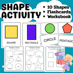 May include: Educational shape activity set featuring flashcards and a workbook. Includes a yellow square, purple rectangle, green circle, and red pentagon. The set also includes tracing and fun activity pages.