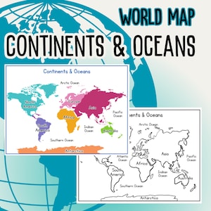 May include: A colorful world map with continents and oceans labeled. The map is divided into continents, including North America, South America, Africa, Europe, Asia, and Australia. The oceans are labeled as Arctic Ocean, Pacific Ocean, Indian Ocean, Atlantic Ocean, and Southern Ocean.