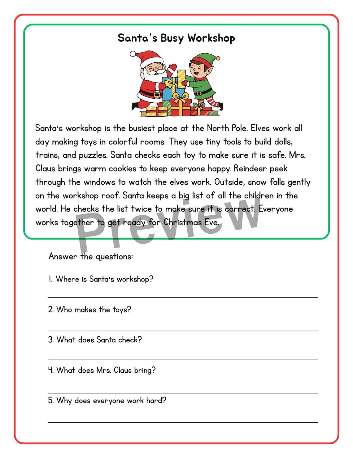 12 Santa & Reindeer Reading Comprehension Passages for Kids - Etsy