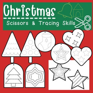 Könnte beinhalten: Roter Hintergrund mit den Worten "Christmas Scissors & Tracing Skills" in Weiß und Grün. Das Bild zeigt verschiedene weihnachtliche Formen, darunter Bäume, Sterne, Herzen und einen Strumpf, die zum Nachzeichnen und Ausschneiden bestimmt sind.