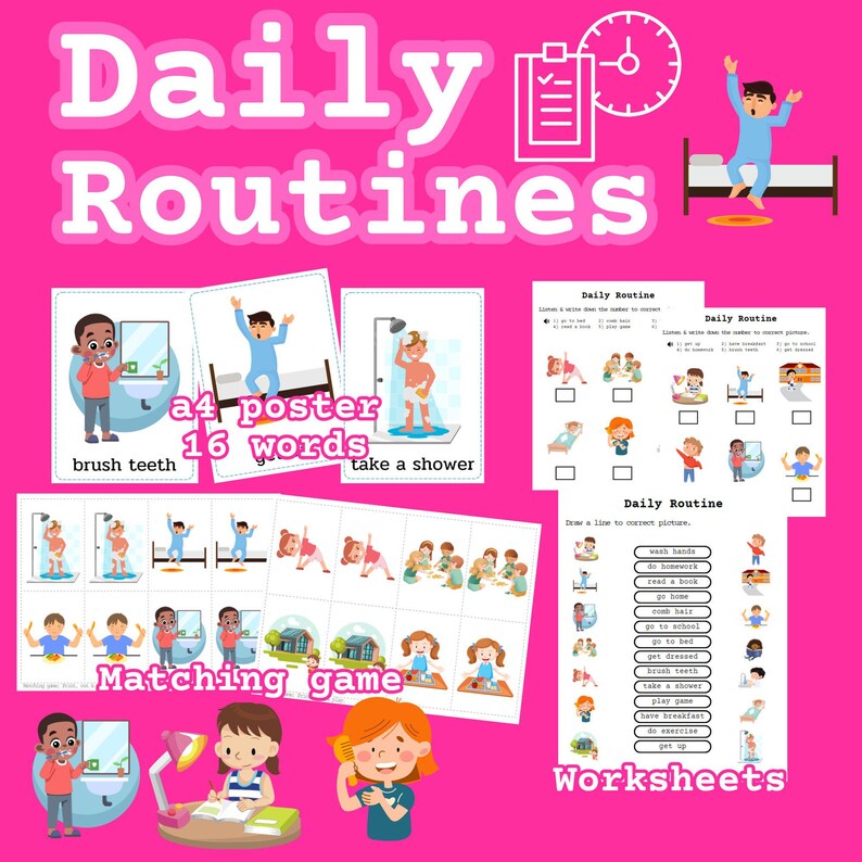 Daily Routines, 16 Words A4 Poster and Worksheets, Flashcards - Etsy