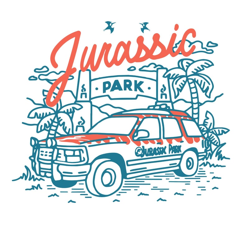 Pu&ograve; includere: Un disegno a linea blu di una Jeep con le parole "Jurassic Park" sul lato. La Jeep sta guidando attraverso l'ingresso di un parco con le parole "Jurassic Park" sopra. Il disegno &egrave; su sfondo bianco.
