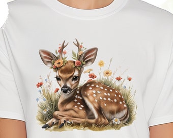 Cottagecore Aesthetic Cute Deer Shirt Unisex Cotton T-Shirt Goblincore Tee Wildflowers Fairycore Nature Boho Vintage Fawn Cozy Clothing Gift