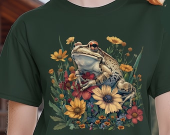 Cottagecore Cute Frog Shirt Cozy Forest Wildlife Unisex Cotton T-Shirt Goblincore Tee Wildflowers Fairycore Nature Witch Cozy Clothing Gift