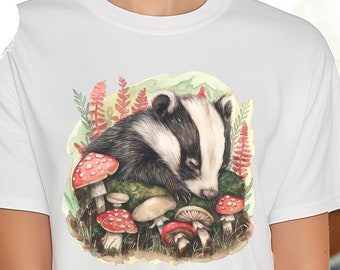 Cottagecore Estetyczna słodka koszulka z borsuka Grzyby Unisex bawełniana koszulka Goblincore Tee Wildflower Fairycore Nature Cozy Forest Odzież Prezent