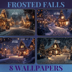 Gemütliche Nacht Frosted Falls Winter Ästhetik Weihnachten Desktophintergrund Rustikal Stadtbild Mond Sterne Nachthimmel Cottagecore Town HD 4K Hintergrund