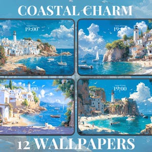 May include: Digital art showing four coastal scenes with white buildings, lighthouses, and boats on the water. The image includes the words "COASTAL CHARM" and "12 WALLPAPERS". The time 19:00 is displayed on the screens.