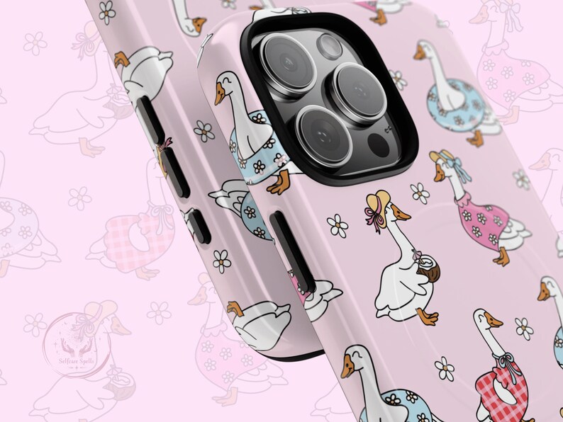 Pastel pink phone case featuring whimsical geese in summer outfits, pink gingham, daisies, coquette aesthetic, cottagecore vibes, retro floral design, vintage charm, dreamy summer style, ribbon bows, botanical patterns, playful aesthetic, nature-inspired, trendy MagSafe case, chic phone accessory, cute animal design, feminine aesthetic, modern summer fashion, ideal for aesthetic lovers, whimsical decor, cottagecore accessories, trendy pastel phone case for summer vibes.