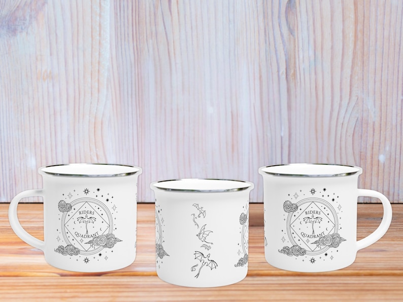 12oz enamel mug with celestial dragon design inspired by Fourth Wing and fantasy books. Perfect for Rebecca Yarros fans, book lovers, and dragon enthusiasts. Features mystical patterns, constellation-inspired art, and cozy aesthetics. Ideal fantasy merch for romantasy and Empyrean series fans. Great for bookstagram, cozy mornings, camping, or gifting. Tags: dragon aesthetic, fantasy mug, Fourth Wing merch, bookish decor, dragon gift, fantasy lover gift, booktok trending.