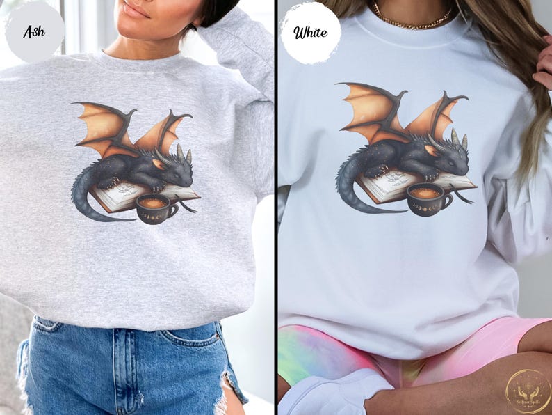 Cozy sweatshirt with cute black dragon sleeping on book on dragonkind with mug of coffee with moon phase pattern. Fourth wing Tairn Andarna dragons bookish booktok bookstagram  fantasy fan reader romantasy coffee lover gift idea soft warm sweater GOT