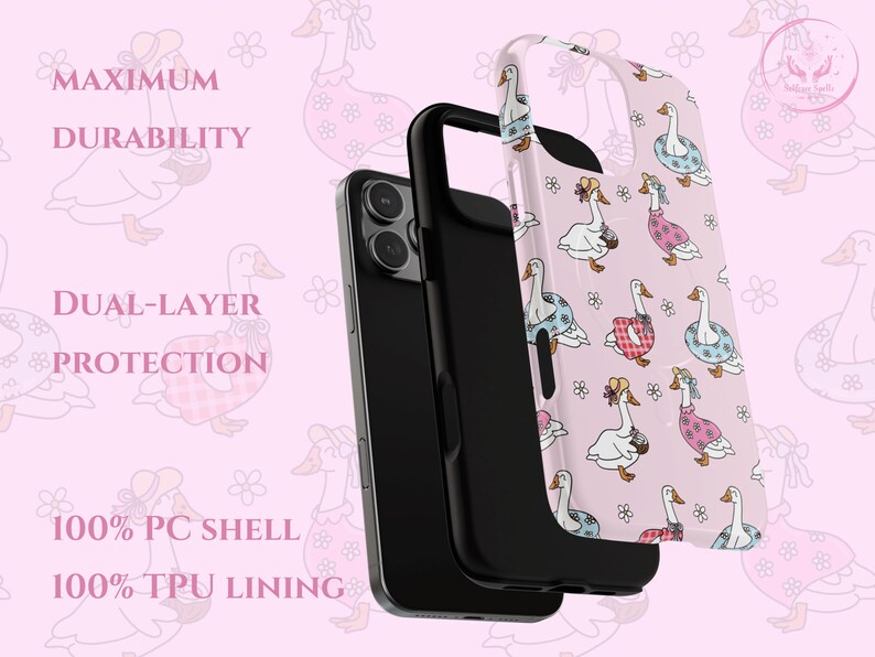 Pastel pink phone case with whimsical summer geese, pink gingham dresses, blue daisy lifebuoys, coconut drinks, ribbon bows, delicate white daisies, coquette charm, cottagecore aesthetic, floral vibes, dreamy vintage style, nature-inspired, botanical design, playful summer theme, cute aesthetic phone accessory, daisy pattern, whimsical fowl artwork, romantic pastel tones, enchanting English garden look, soft feminine design, charming summer vibes, trendy aesthetic phone case.